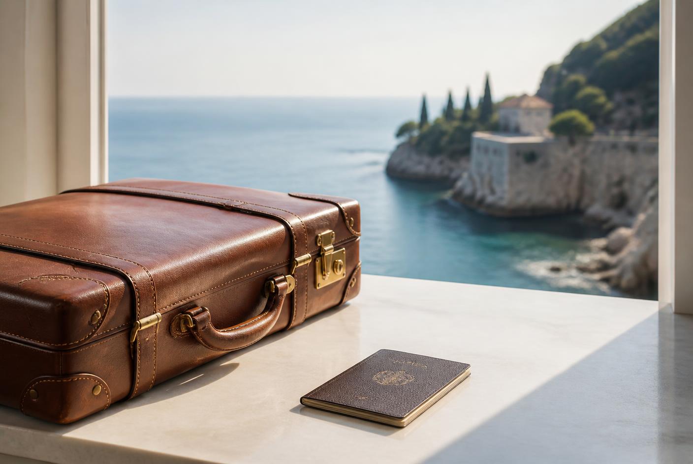 Kovčeg i putovnica uz pogled na Jadran
